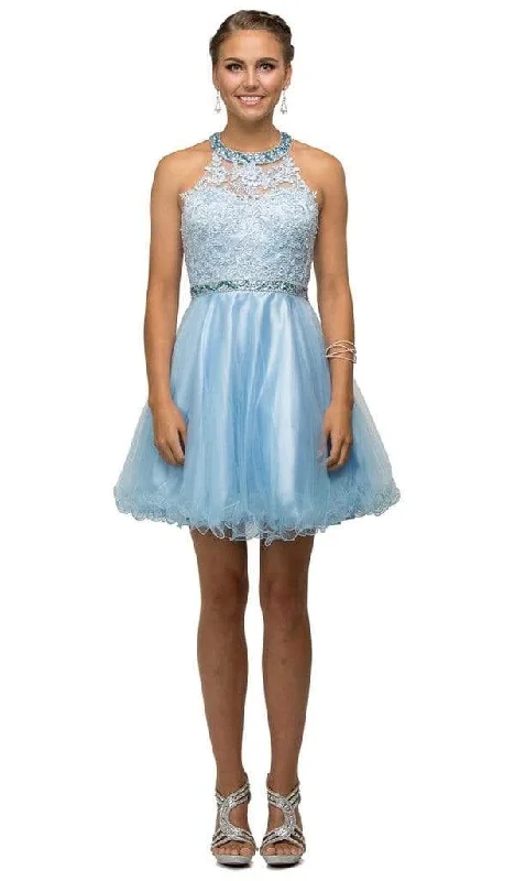 Dancing Queen - 9534 Embellished Lace Halter Bodice A-Line Cocktail Dress - 1 pc Periwinkle In Size XS Available