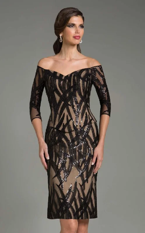 Maternity Strapless Cocktail Dress-Feriani Couture Beaded Print Off Shoulder Cocktail Dress - 1 pc Black/Nude In Size 16 Available