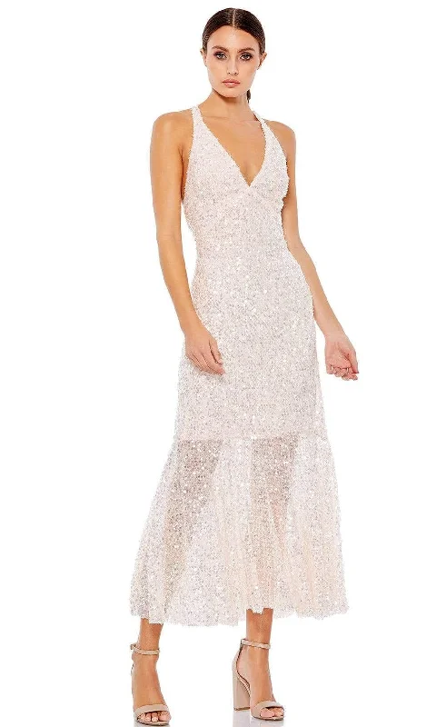 Plus Size Beige Cocktail Dress-Ieena Duggal - 2133 Clear Sequin Crisscross Back Dress