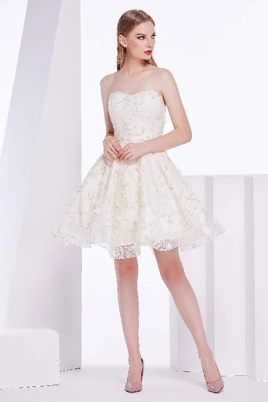 Vintage Petite Cocktail Dress-J'Adore Dresses - J14093 Strapless Embroidered Tulle A-line Dress