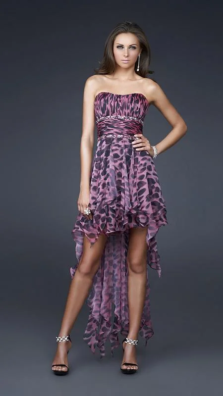 Pink Chiffon Cocktail Dress-La Femme - 16293 High Low Dress with Animal Print