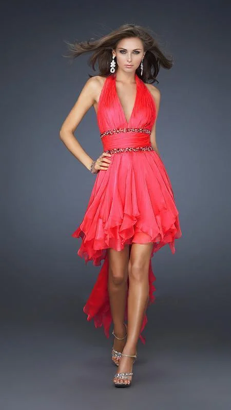 Halter Chiffon Cocktail Dress-La Femme - 16986 Jeweled V-Neck High-Low Handkerchief Cocktail Dress