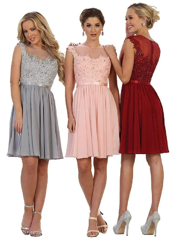 Teens Sleeveless Cocktail Dress-May Queen - MQ1550 Embroidered Illusion A-Line Cocktail Dress