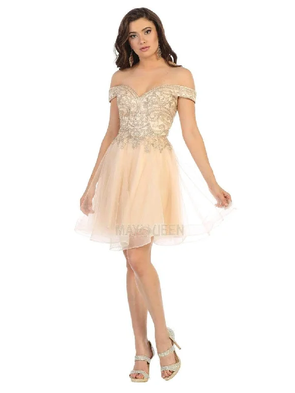 Mesh Teens Cocktail Dress-May Queen - MQ1659 Bead-Appliqued Off Shoulder Tulle Dress