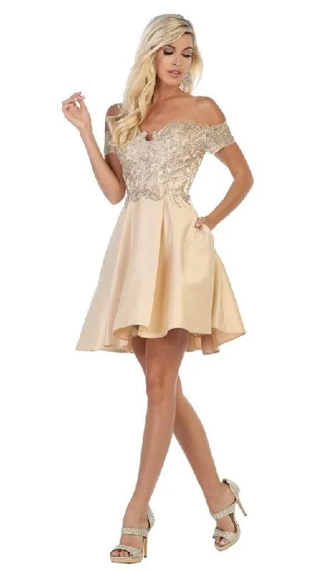 May Queen - Plunging Off-Shoulder A-line Cocktail Dress MQ1634 - 1 pc Champagne in Size 6 Available