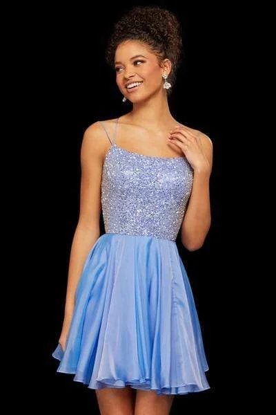 V Neck Green Cocktail Dress-Sherri Hill - Beaded oop Short Dress 53113 - 1 pc Periwinkle In Size 8 Available