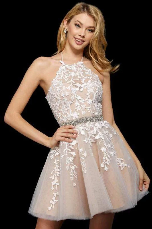 Pink Plaid Cocktail Dress-Sherri Hill - Embroidered Halter A-Line Cocktail Dress 53153 - 1 pc Blush In Size 12 Available