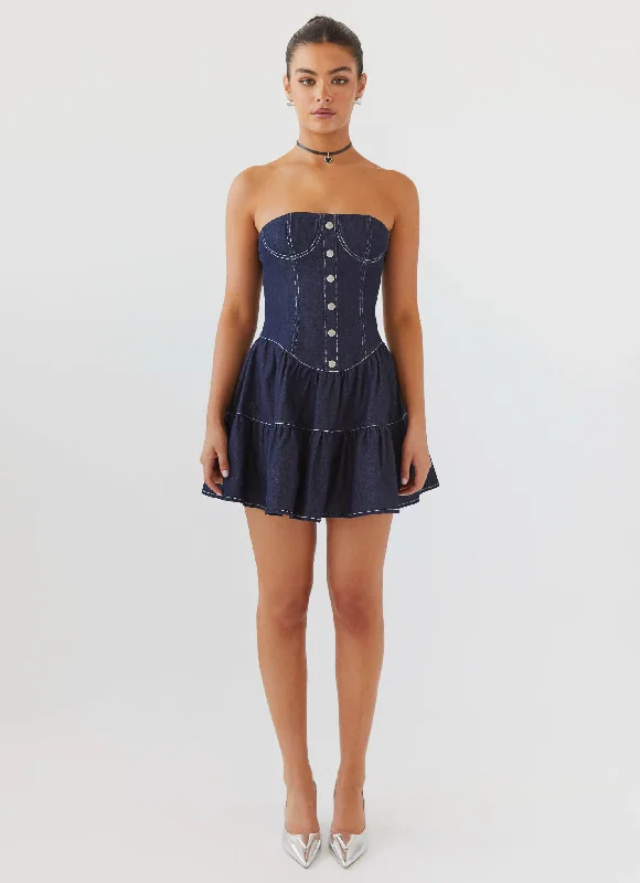 V Neck Mini Dresses-Adriana Denim Bustier Dress - Indigo