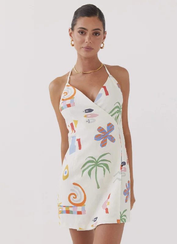 Cotton Beach Mini Dresses-At Last Sunrise Wrap Linen Mini Dress - Summer Palm