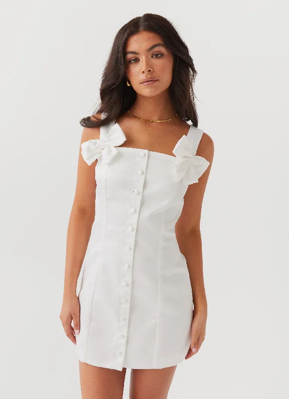 Beach Mini Dresses-Brielle Bow Satin Mini Dress - White