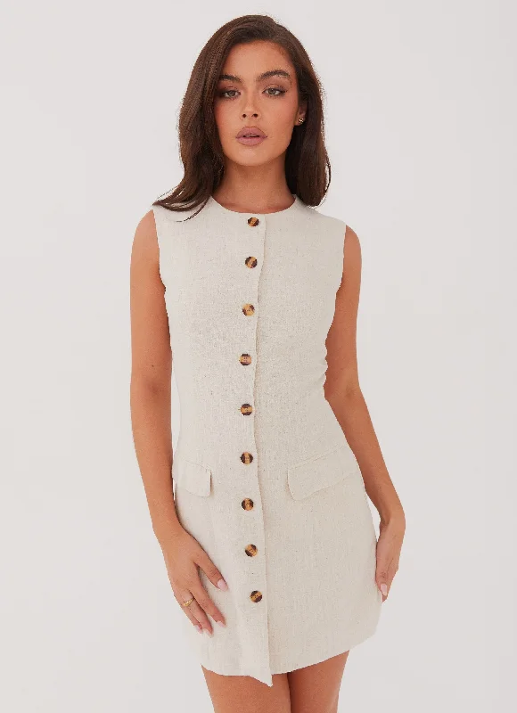 Summer White Mini Dresses-Castello Fiore Linen Mini Dress - Oatmeal