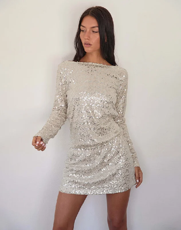 One Shoulder Work Mini Dresses-Jasilia Long Sleeve Mini Dress in Neutral Sequin