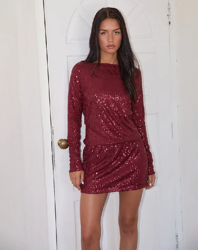 Satin Work Mini Dresses-Jasilia Long Sleeve Mini Dress in Gauzy Sequin Red