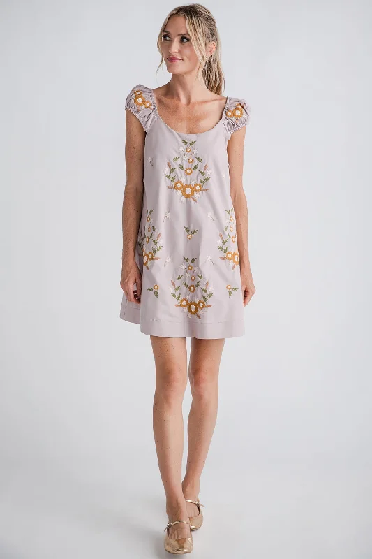 Elegant Wedding Mini Dresses-Mable Cap Ruched Sleeve Embroidered Mini Dress