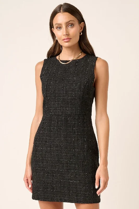 Cotton Mini Dresses-Black Tweed Sleeveless Mini Dress