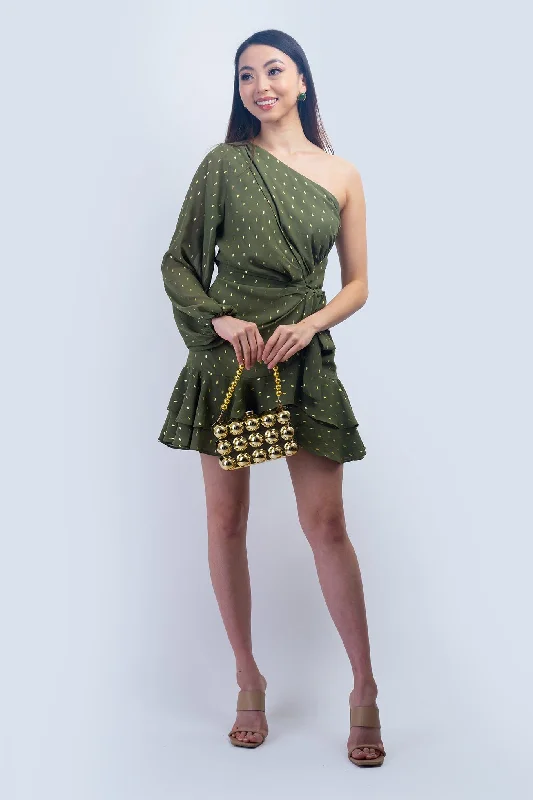 Beaded Boho Mini Dresses-Olive & Gold One Shoulder Mini Dress