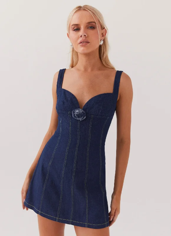 Work Grey Mini Dresses-Rosalia Denim Mini Dress - Indigo