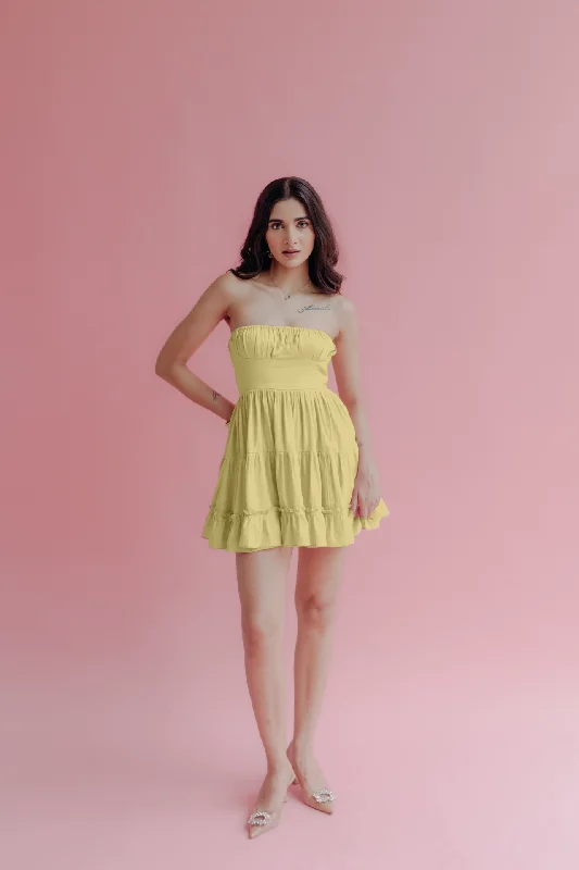 Velvet Pink Mini Dresses-Sabrina Lime Yellow Strapless Mini Dress