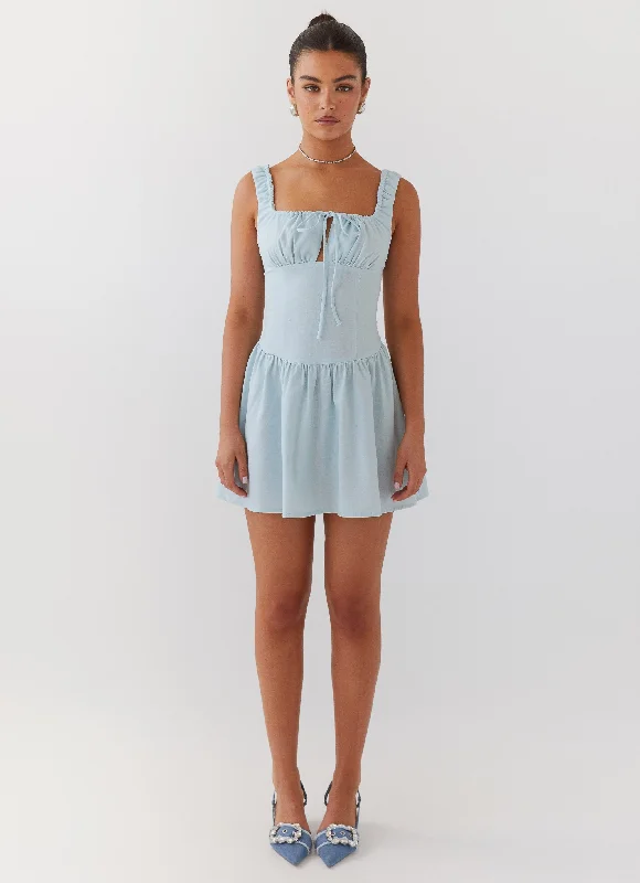 Designer Mini Dresses-Velvet Skies Linen Mini Dress - Powder Blue