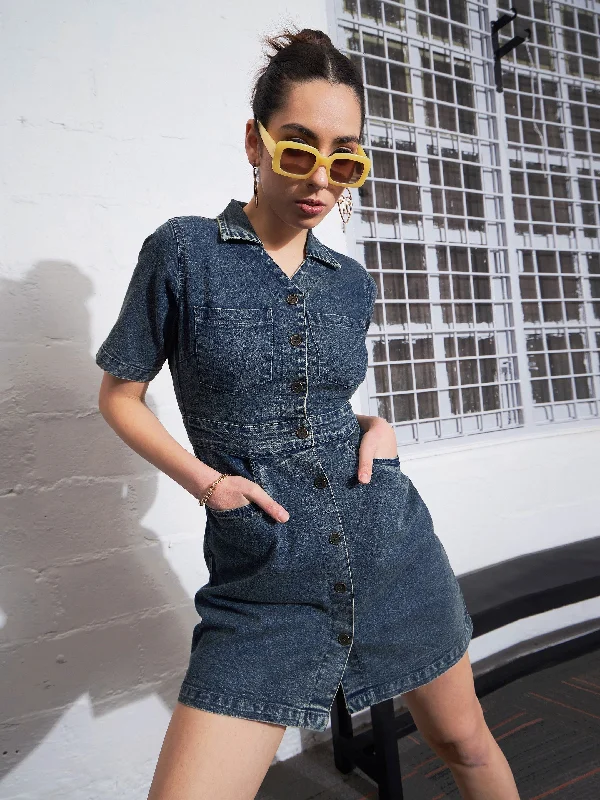 Knit Club Mini Dresses-Women Blue Blast Denim Front Button Mini Dress