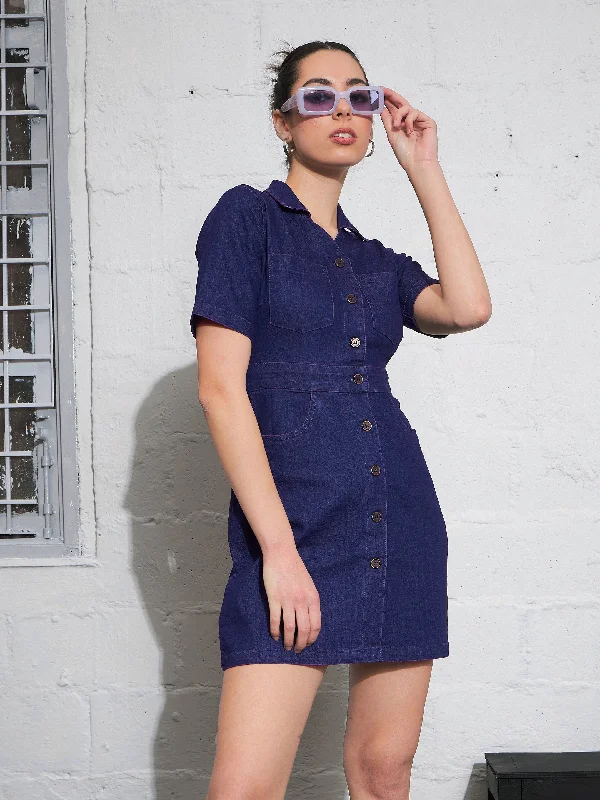 Velvet Boho Mini Dresses-Women Navy Washed Denim Front Button Mini Dress